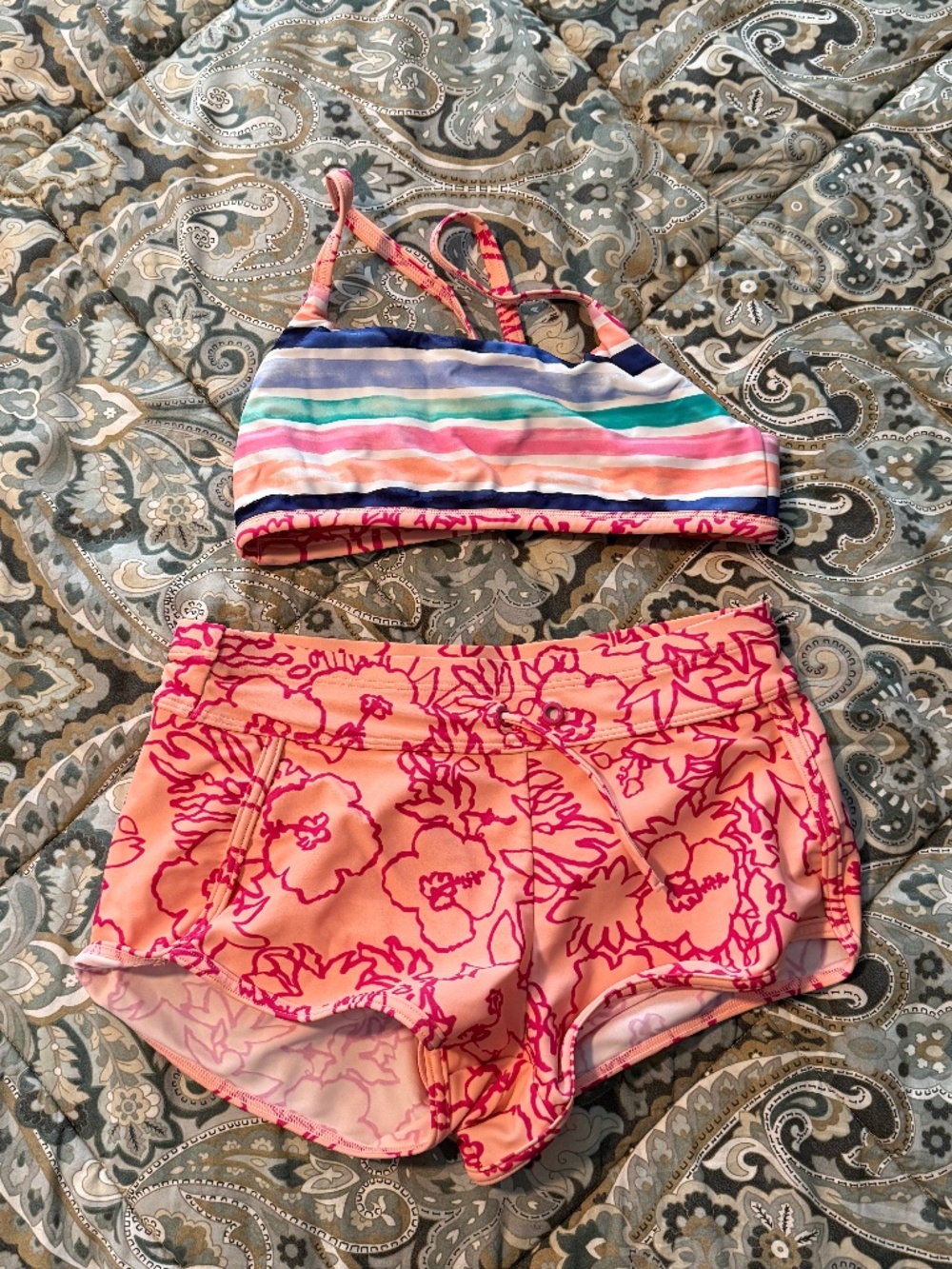 Athleta Girl Reversible Swim Top & Shorts Floral Peach | Size M 8-10 | Excellent